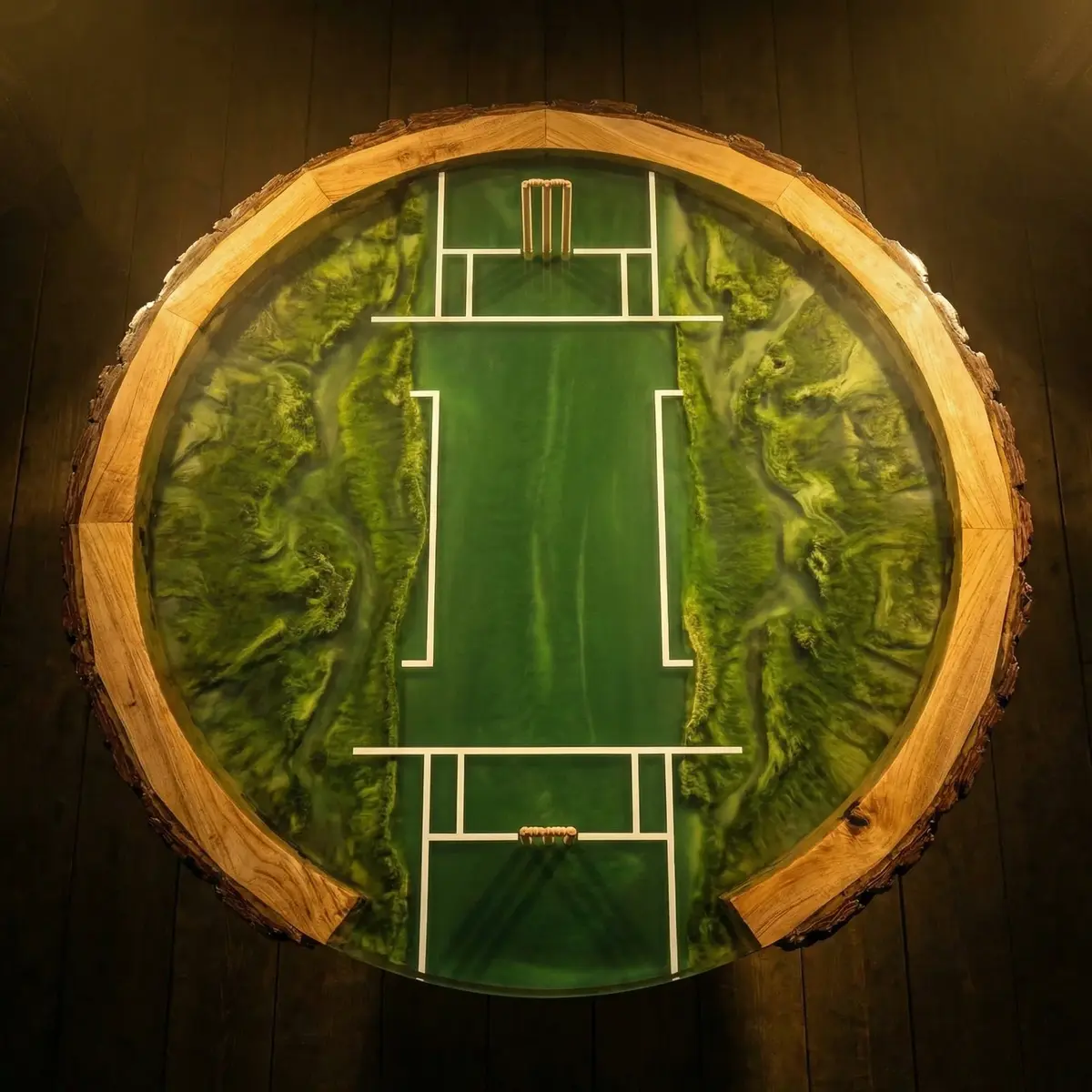 Round cricket themed table with detailed pitch layout