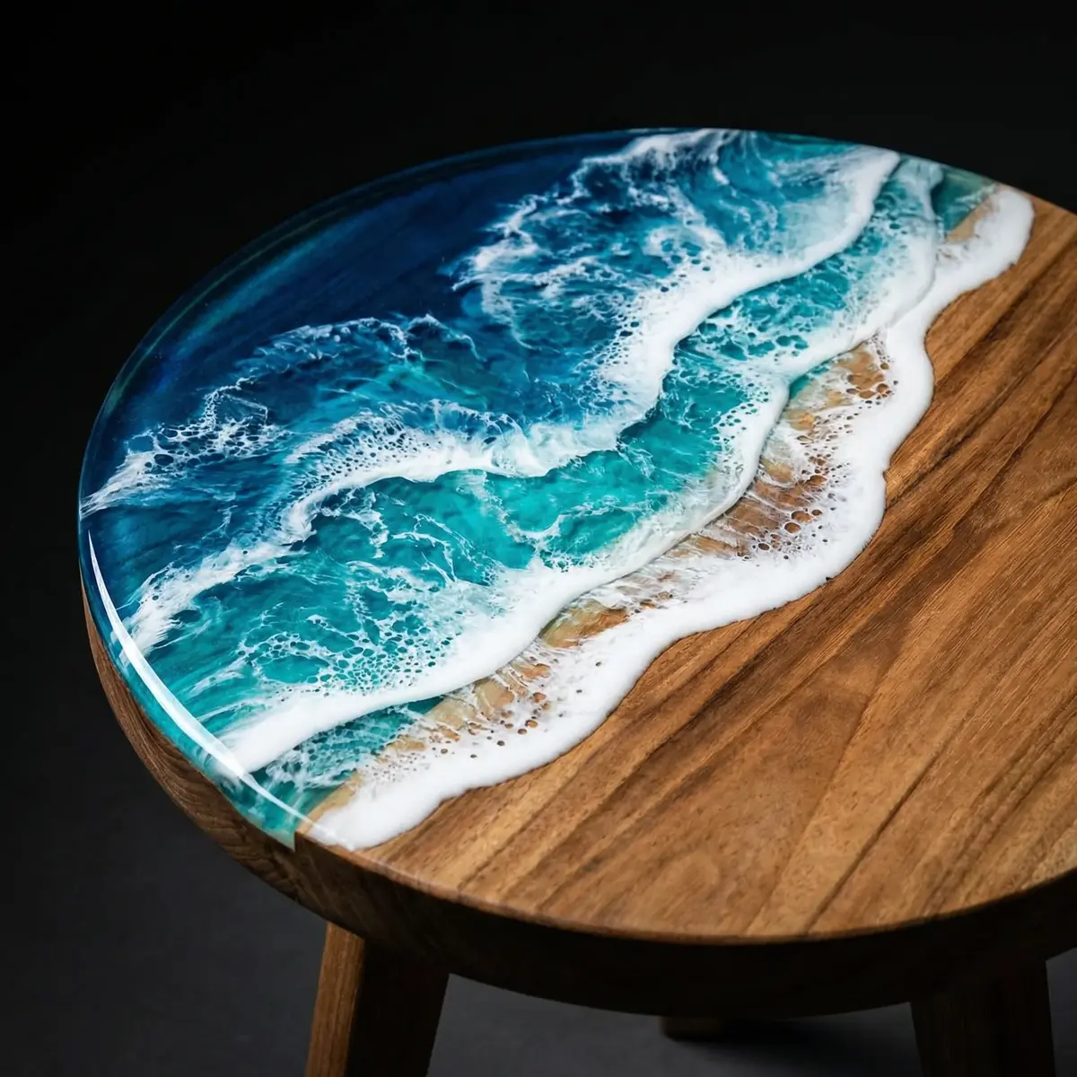 Custom ocean wave resin table with blue and white resin