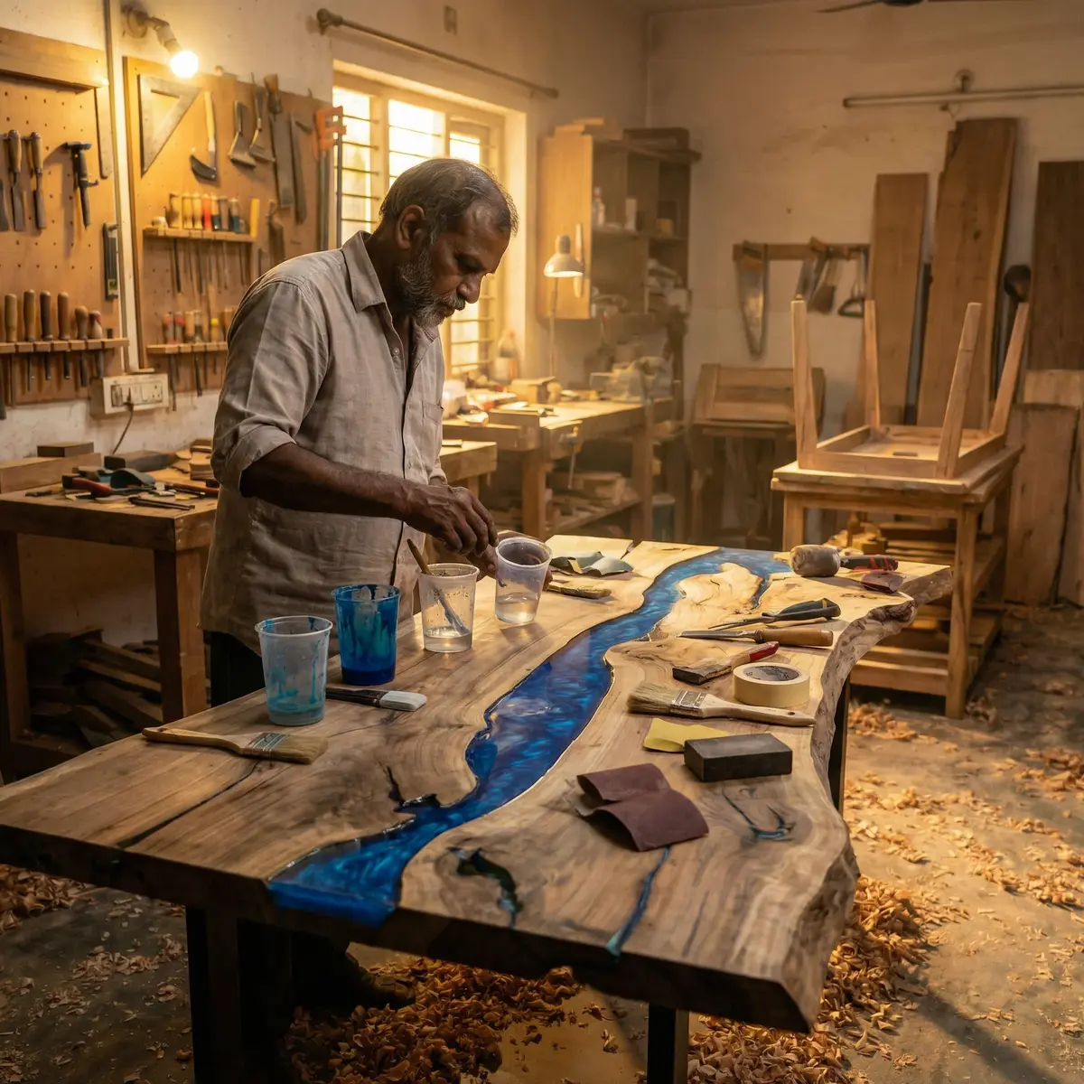 Behind the scenes — resin pouring process in our Raipur workshop