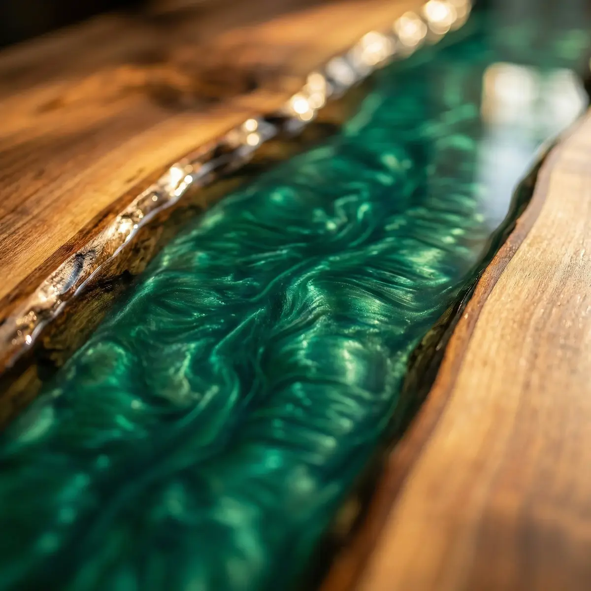 Emerald green resin river table with live edge wood