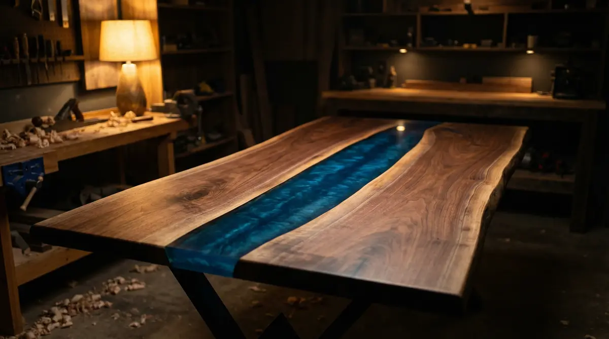 Custom blue resin river table handcrafted by Annatable88